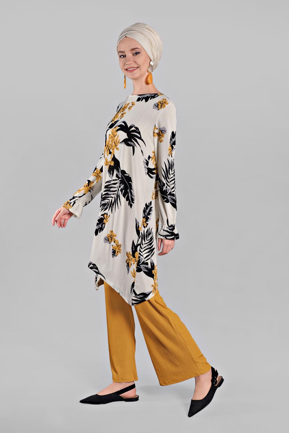 Tesettür giyim TURUNCU ASİMETRİK KESİMLİ FİTİLLİ  2&prime;Lİ PANTOLONLU TAKIM 0121