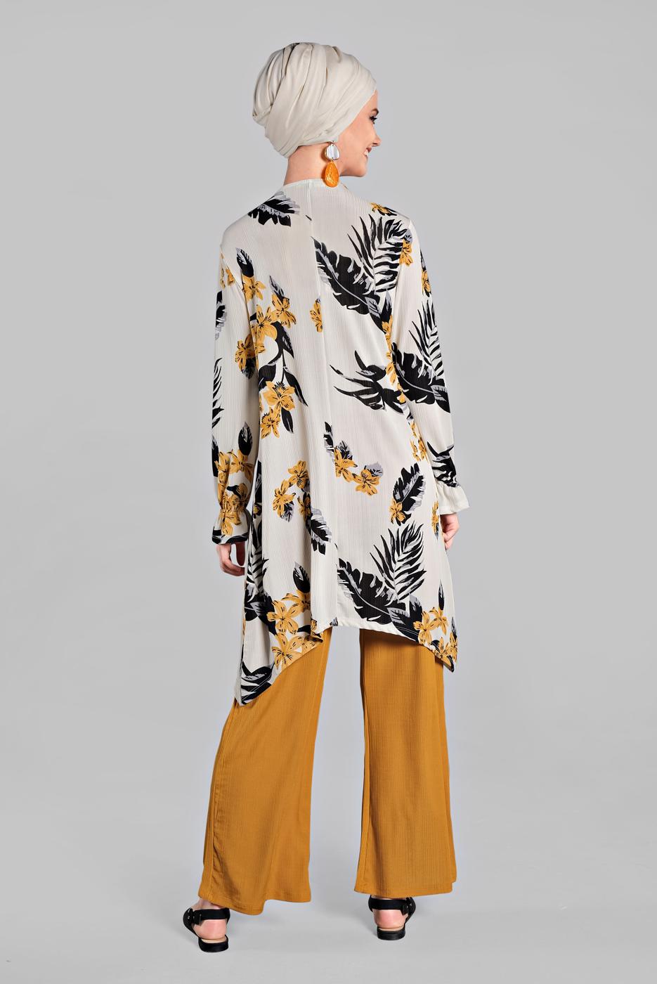 Tesettür giyim TURUNCU ASİMETRİK KESİMLİ FİTİLLİ  2&prime;Lİ PANTOLONLU TAKIM 0121