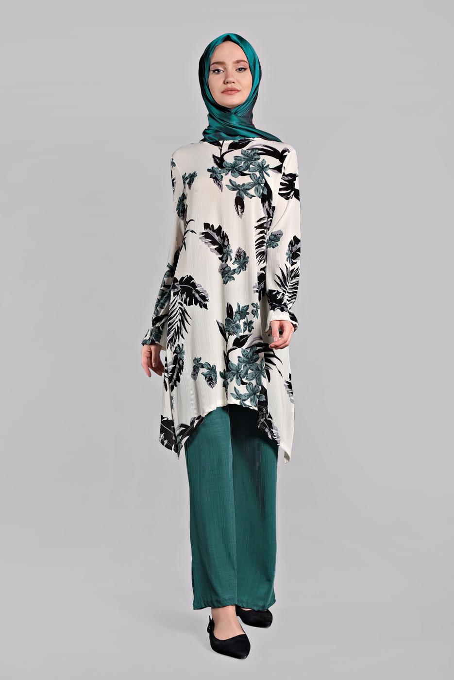 Tesettür giyim MAVİ ASİMETRİK KESİMLİ FİTİLLİ  2&prime;Lİ PANTOLONLU TAKIM 0121