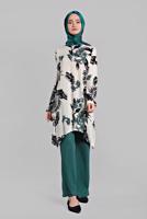 Tesettür giyim MAVİ ASİMETRİK KESİMLİ FİTİLLİ  2&prime;Lİ PANTOLONLU TAKIM 0121