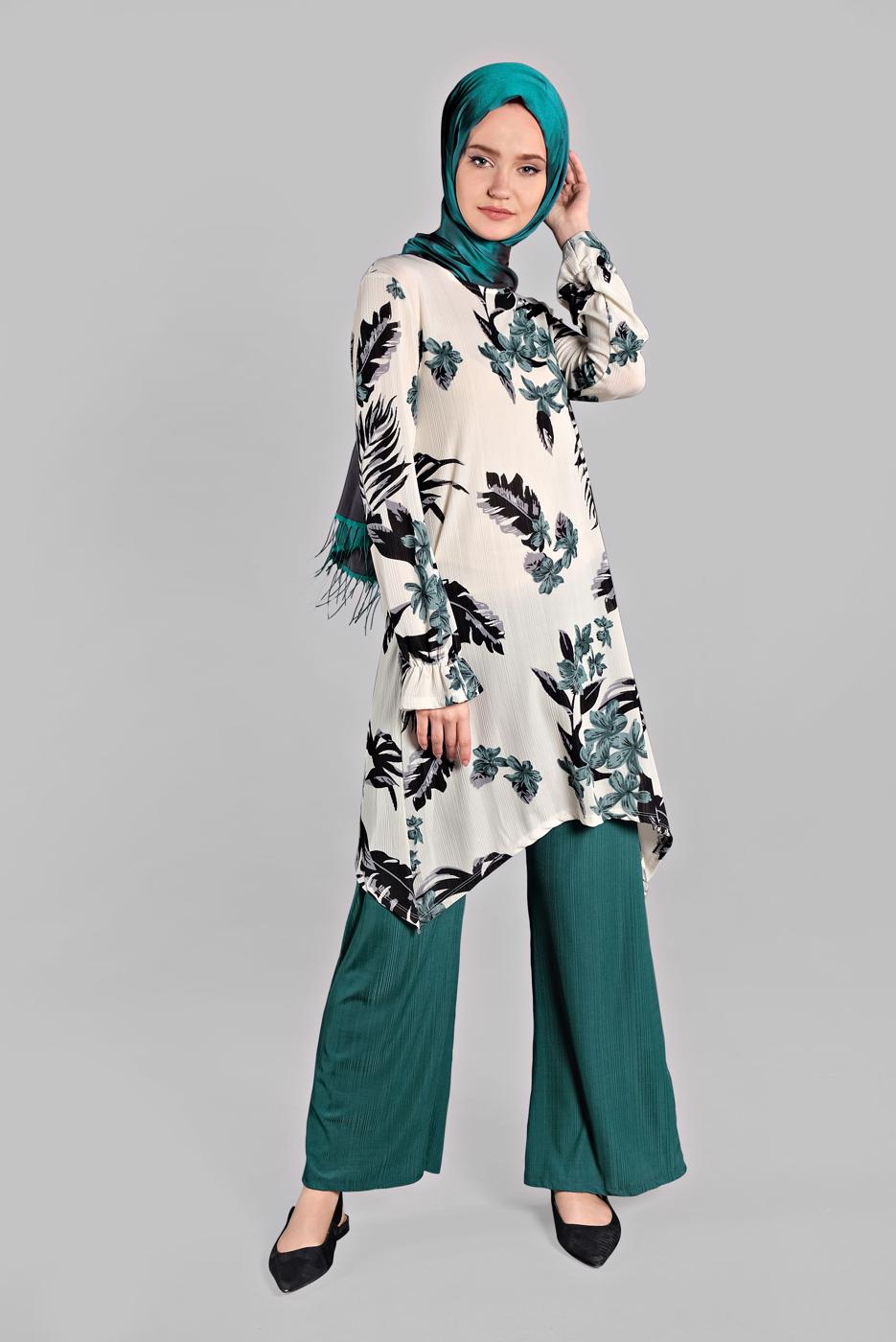 Tesettür giyim MAVİ ASİMETRİK KESİMLİ FİTİLLİ  2&prime;Lİ PANTOLONLU TAKIM 0121