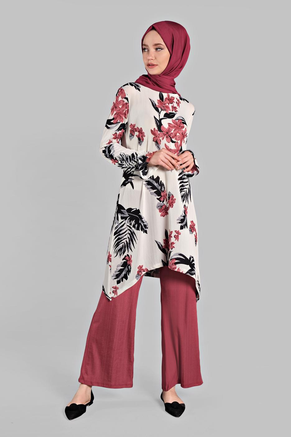 Tesettür giyim YEŞİL ASİMETRİK KESİMLİ FİTİLLİ  2&prime;Lİ PANTOLONLU TAKIM 0121