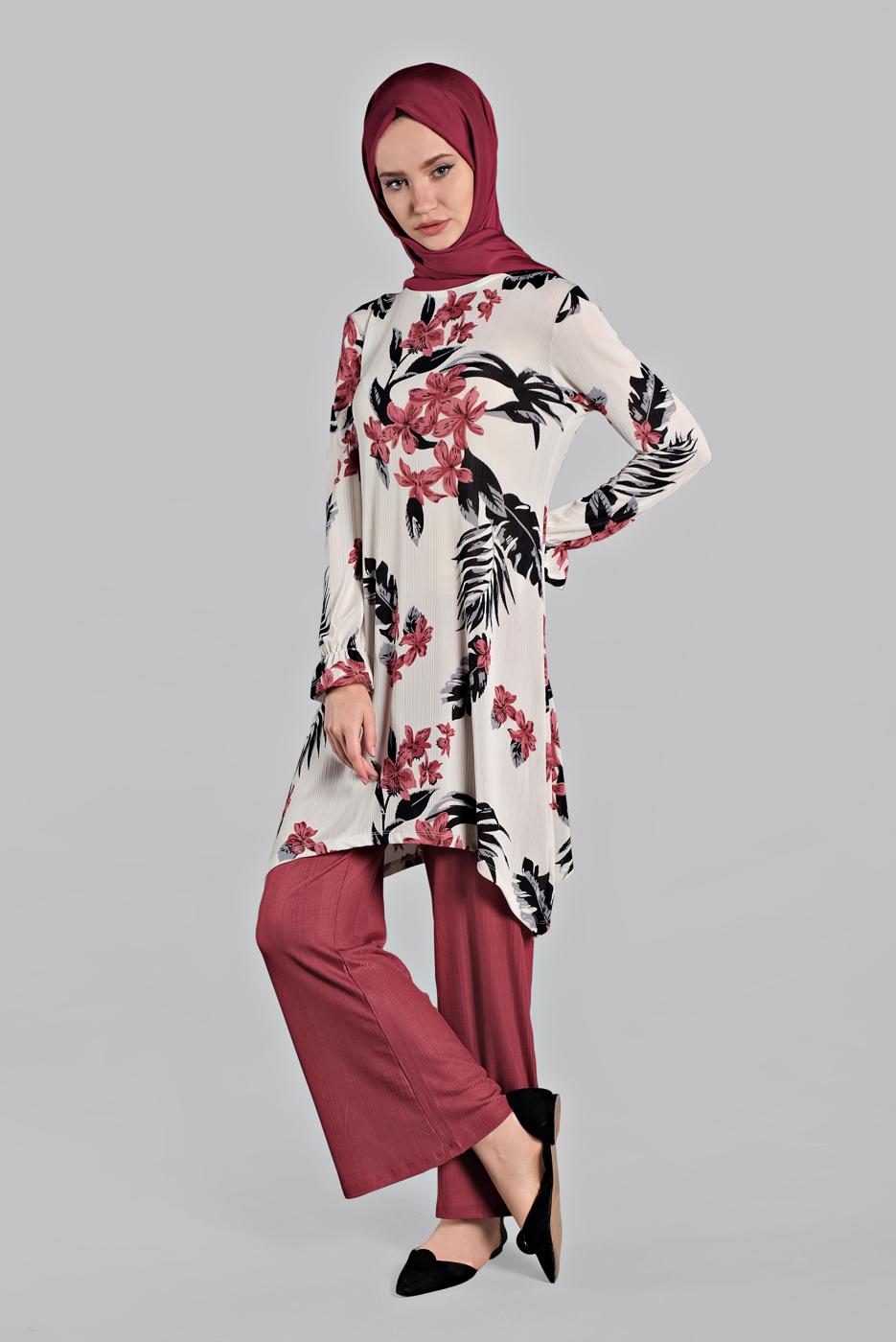 Tesettür giyim YEŞİL ASİMETRİK KESİMLİ FİTİLLİ  2&prime;Lİ PANTOLONLU TAKIM 0121