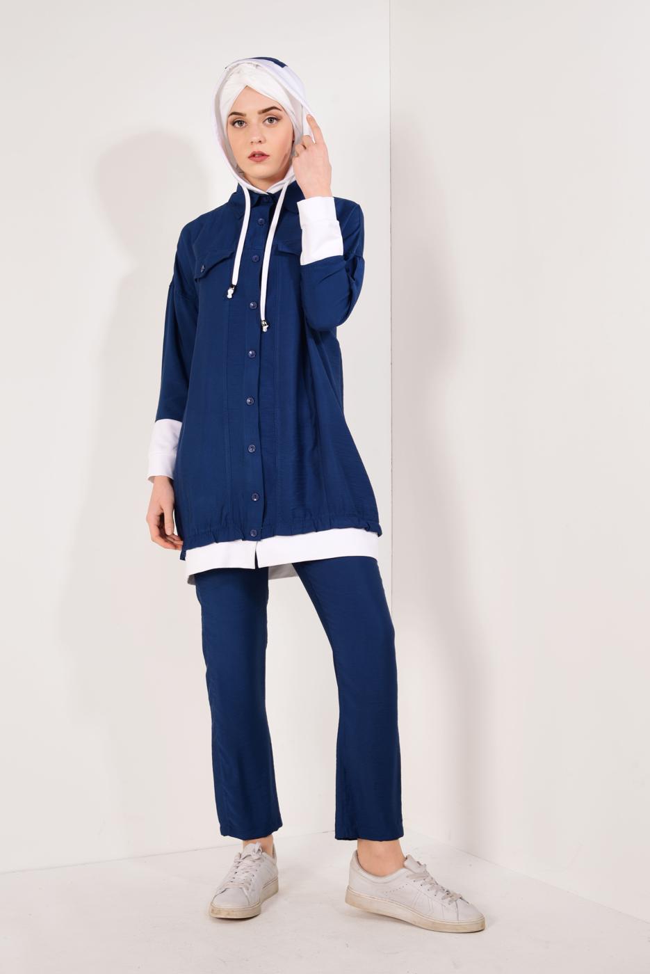 Hijab clothing NAVY BLUE T 0138 Zmn-2′li Pantolonlu Takım