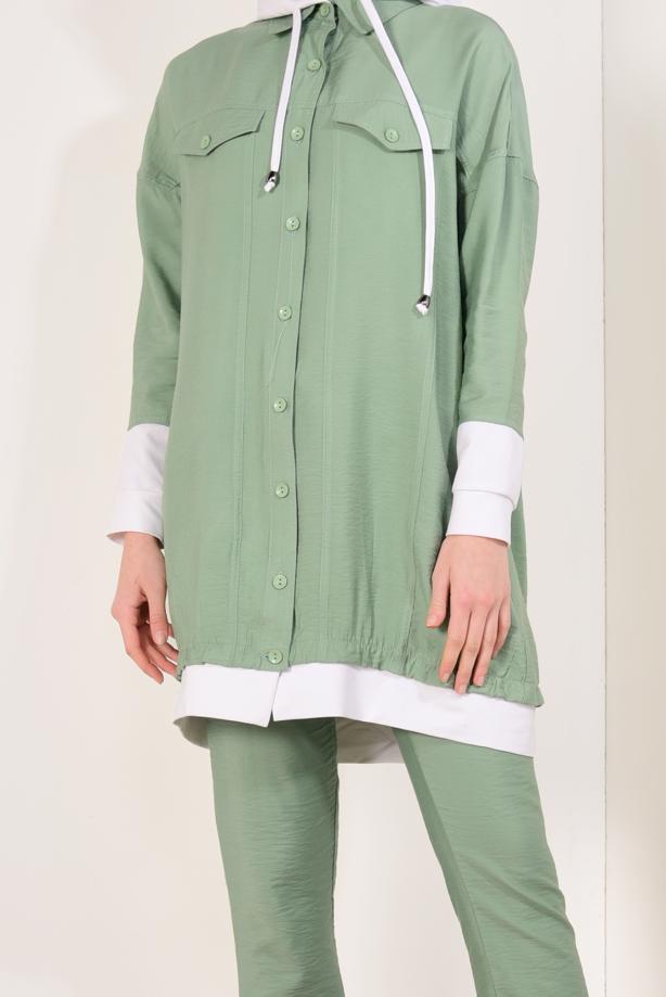 Tesettür giyim  ÖNDEN DÜĞMELİ KAPÜŞONLU PANTOLONLU TAKIM T 0138 - TRENDTESETTÜR