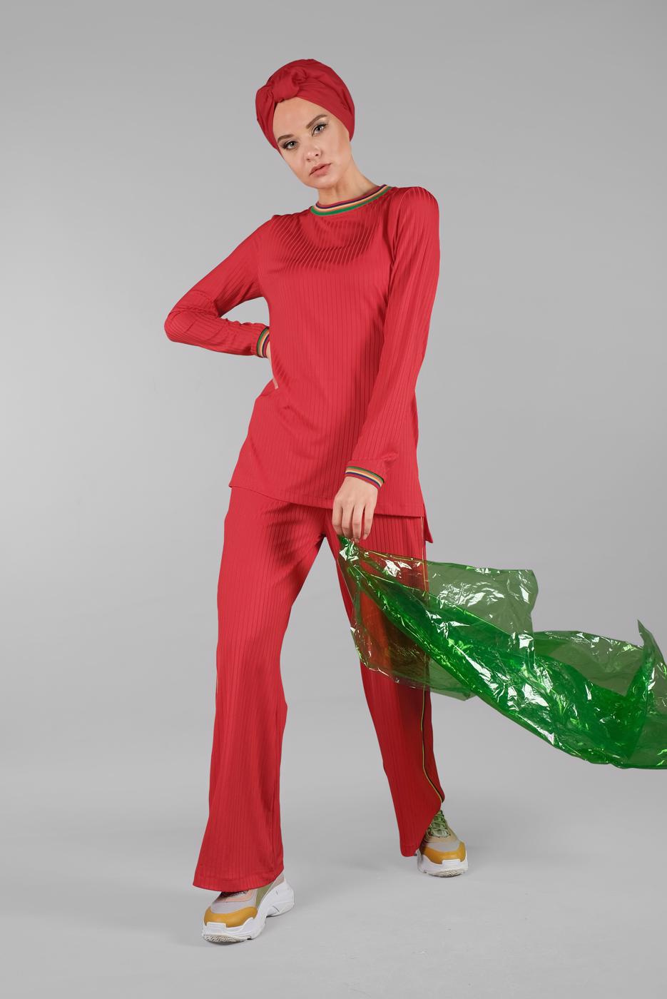 Vêtements hijab ROUGE T 0166 ZMN-PANTOLONLU TAKIM
