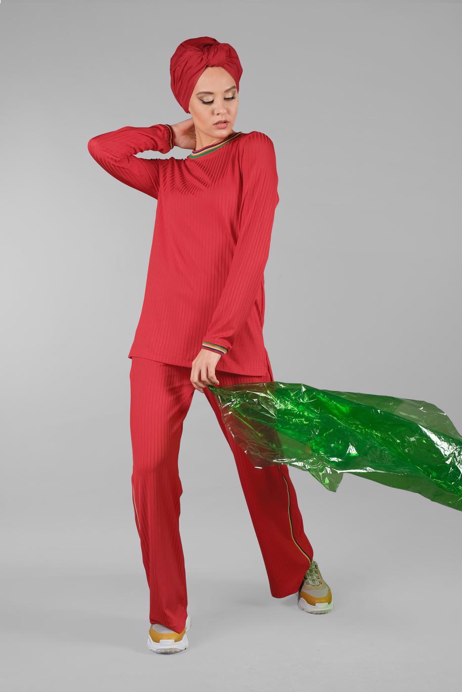 Vêtements hijab ROUGE T 0166 ZMN-PANTOLONLU TAKIM