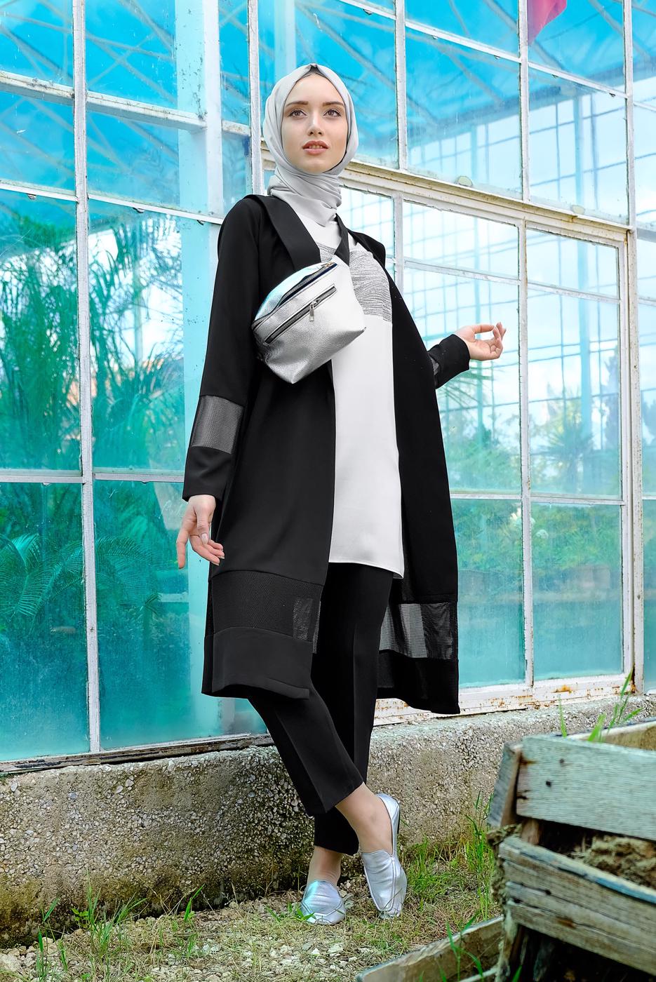 Tesettür giyim SİYAH FİLE DETAYLI 3&prime;LÜ PANTOLONLU TAKIM 0551