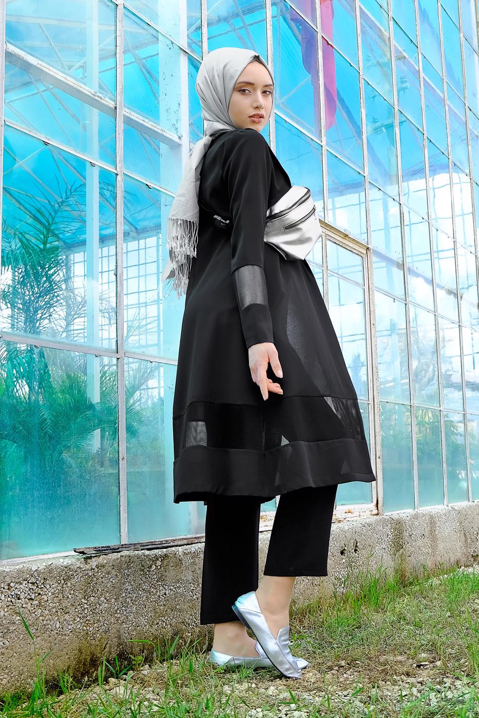Tesettür giyim SİYAH FİLE DETAYLI 3&prime;LÜ PANTOLONLU TAKIM 0551