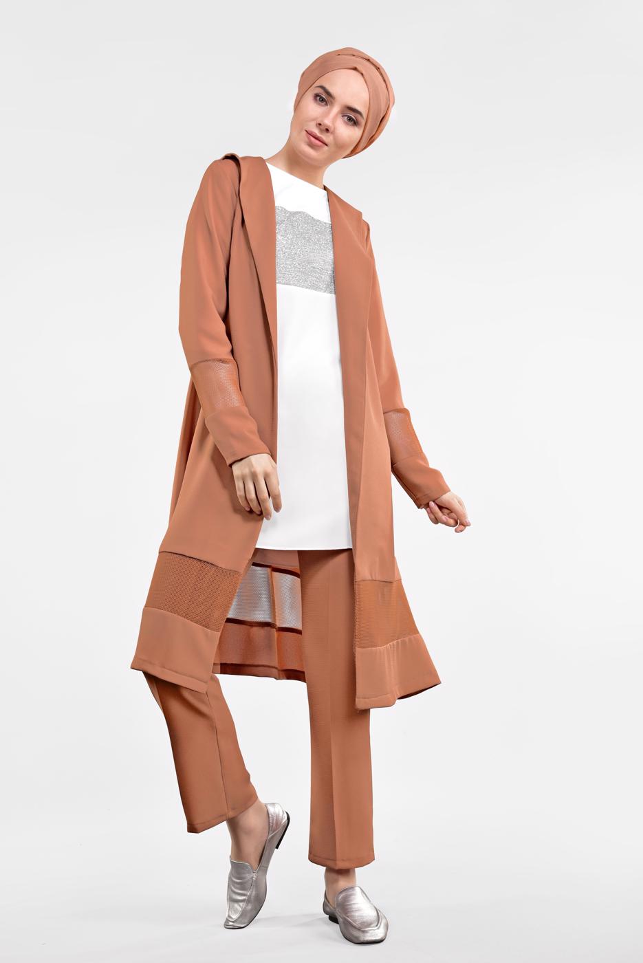 Tesettür giyim TURUNCU FİLE DETAYLI 3&prime;LÜ PANTOLONLU TAKIM 0551
