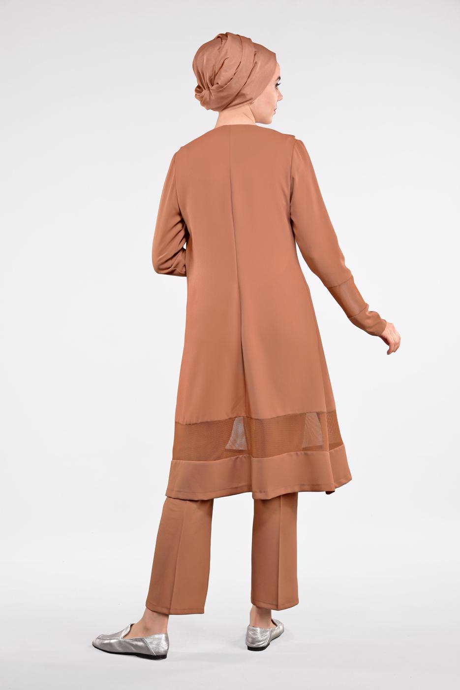 Tesettür giyim TURUNCU FİLE DETAYLI 3&prime;LÜ PANTOLONLU TAKIM 0551