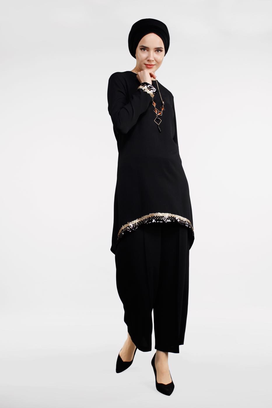 Hijab clothing BLACK T 0591 FTZ-2′Lİ PANTOLONLU TAKIM