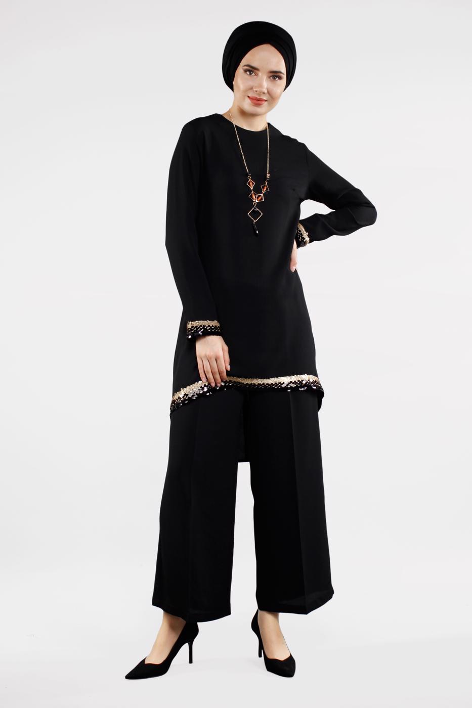 Hijab clothing BLACK T 0591 FTZ-2′Lİ PANTOLONLU TAKIM