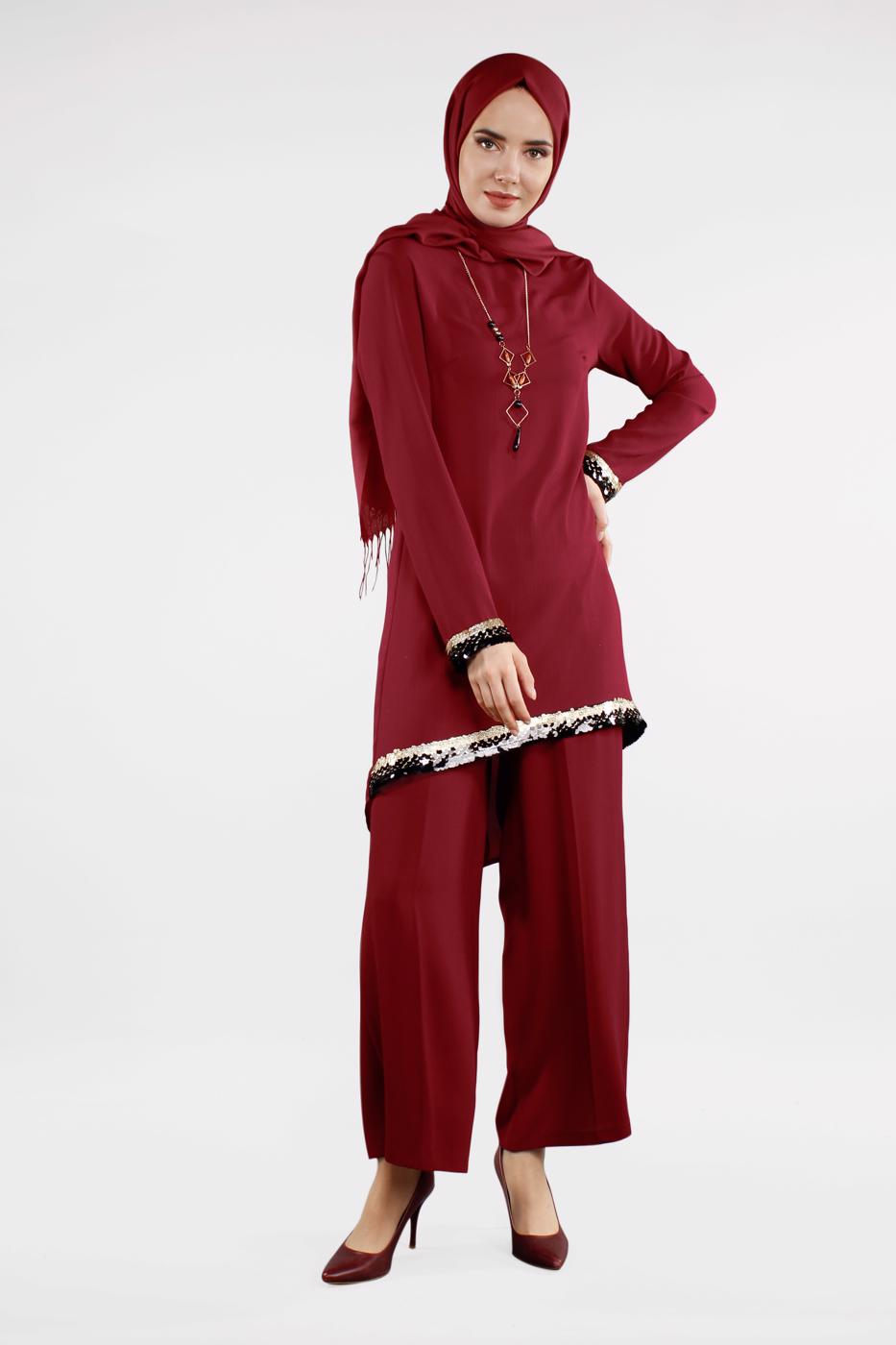 Vêtements hijab ROUGE BORDEAUX T 0591 FTZ-2′Lİ PANTOLONLU TAKIM