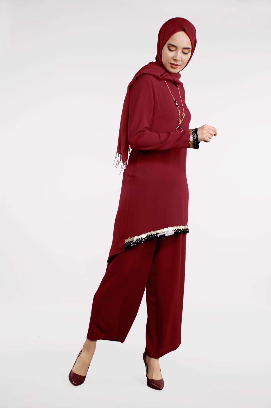 Vêtements hijab ROUGE BORDEAUX T 0591 FTZ-2′Lİ PANTOLONLU TAKIM