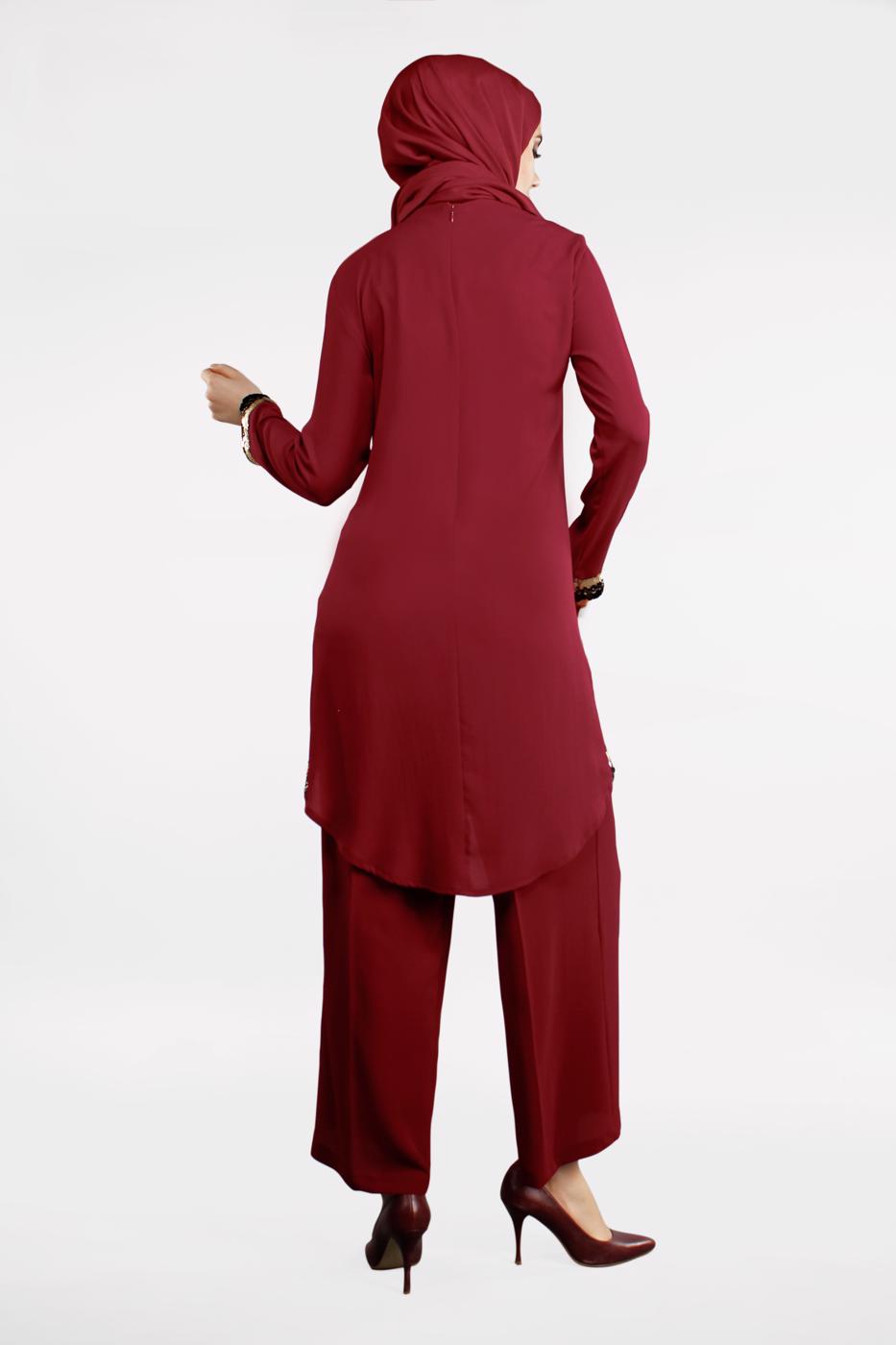 Vêtements hijab ROUGE BORDEAUX T 0591 FTZ-2′Lİ PANTOLONLU TAKIM
