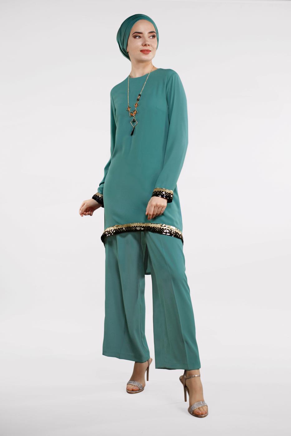 Hijab clothing GREEN T 0591 FTZ-2′Lİ PANTOLONLU TAKIM