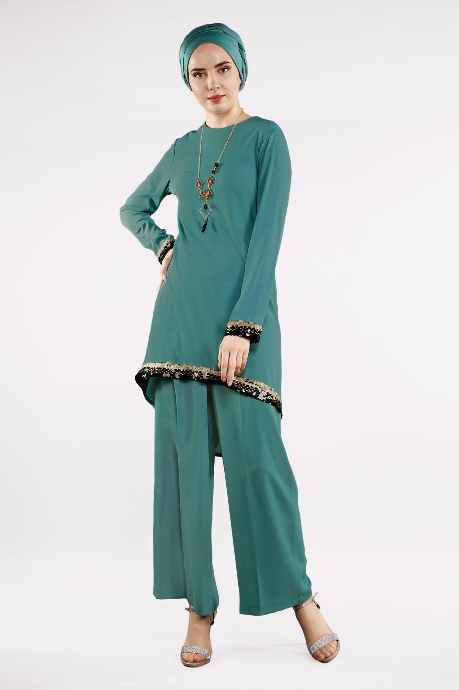 Hijab clothing GREEN T 0591 FTZ-2′Lİ PANTOLONLU TAKIM