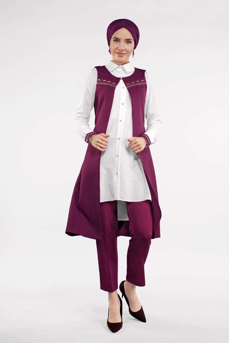 Tesettür giyim MOR İŞLEMELİ 3&prime;LÜ PANTOLONLU TAKIM 0647