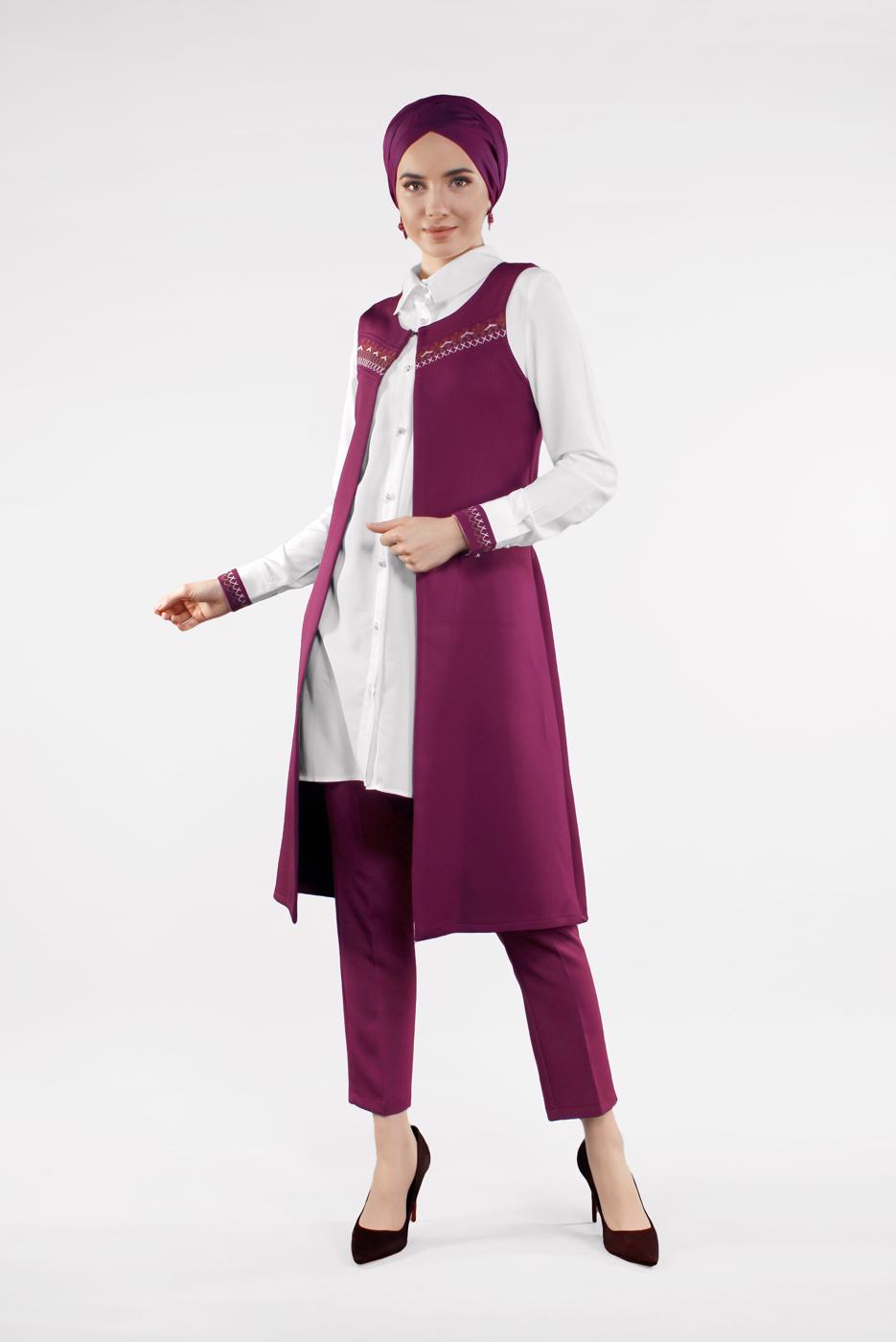 Tesettür giyim MOR İŞLEMELİ 3&prime;LÜ PANTOLONLU TAKIM 0647