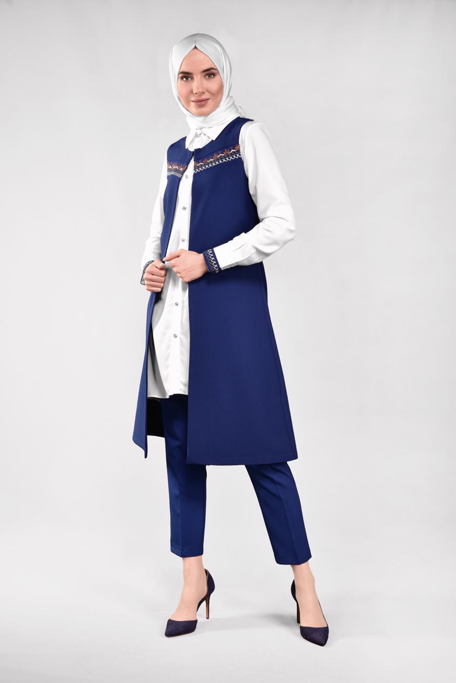 Tesettür giyim LACİVERT İŞLEMELİ 3&prime;LÜ PANTOLONLU TAKIM 0647