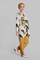 Tesettür giyim TURUNCU FİTİLLİ ÇİÇEK DESENLİ  2&prime;Lİ PANTOLONLU TAKIM 0825