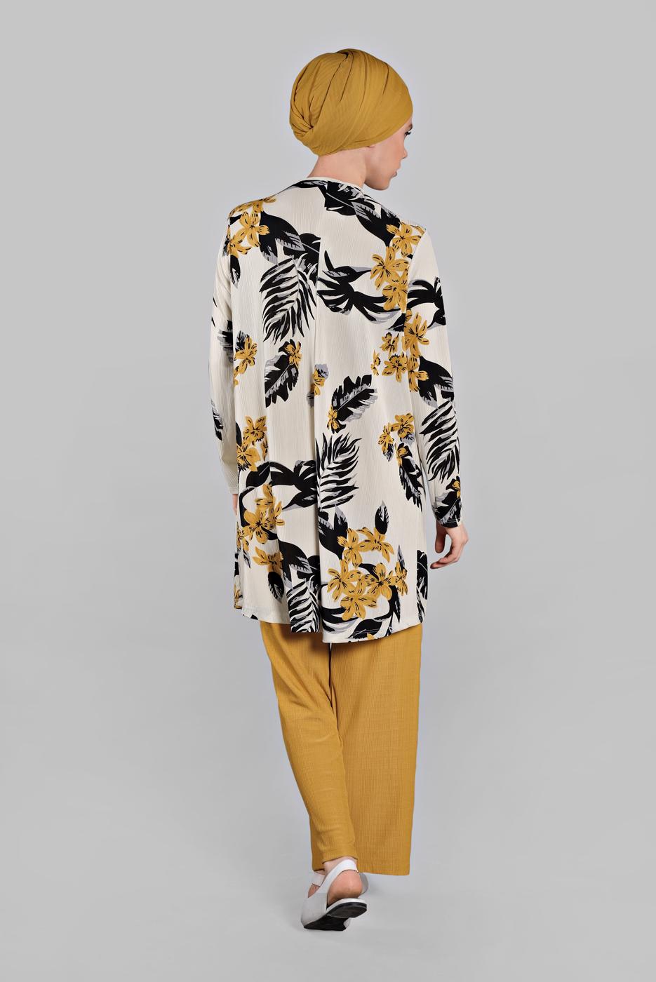 Tesettür giyim TURUNCU FİTİLLİ ÇİÇEK DESENLİ  2&prime;Lİ PANTOLONLU TAKIM 0825