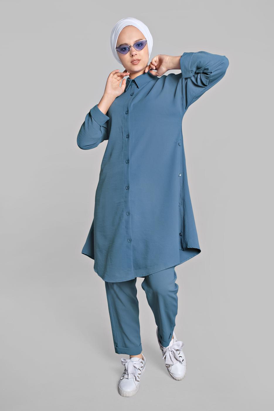 Tesettür giyim LACİVERT YANLARI VE ÖNÜ DÜĞME DETAYLI 2&prime;Lİ PANTOLONLU TAKIM 1221