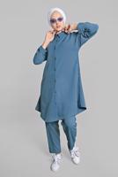 Tesettür giyim LACİVERT YANLARI VE ÖNÜ DÜĞME DETAYLI 2&prime;Lİ PANTOLONLU TAKIM 1221