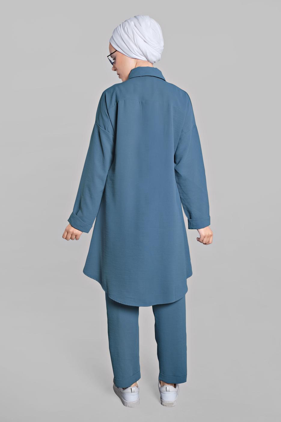 Tesettür giyim LACİVERT YANLARI VE ÖNÜ DÜĞME DETAYLI 2&prime;Lİ PANTOLONLU TAKIM 1221