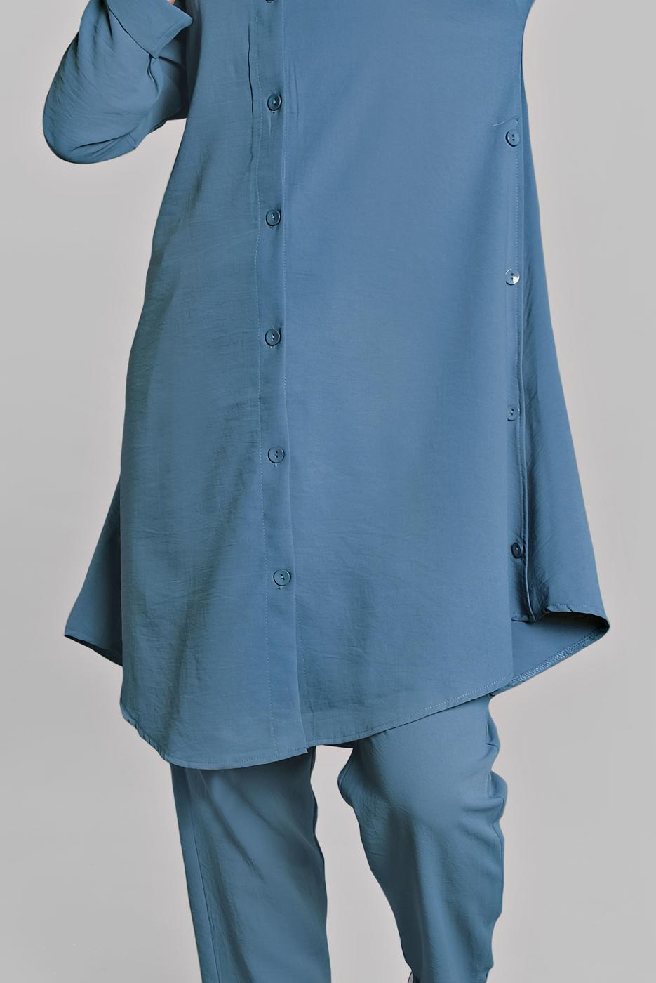 Tesettür giyim LACİVERT YANLARI VE ÖNÜ DÜĞME DETAYLI 2&prime;Lİ PANTOLONLU TAKIM 1221