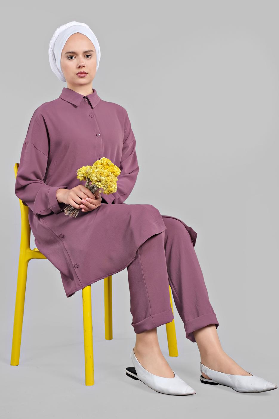 Tesettür giyim PEMBE YANLARI VE ÖNÜ DÜĞME DETAYLI 2&prime;Lİ PANTOLONLU TAKIM 1221