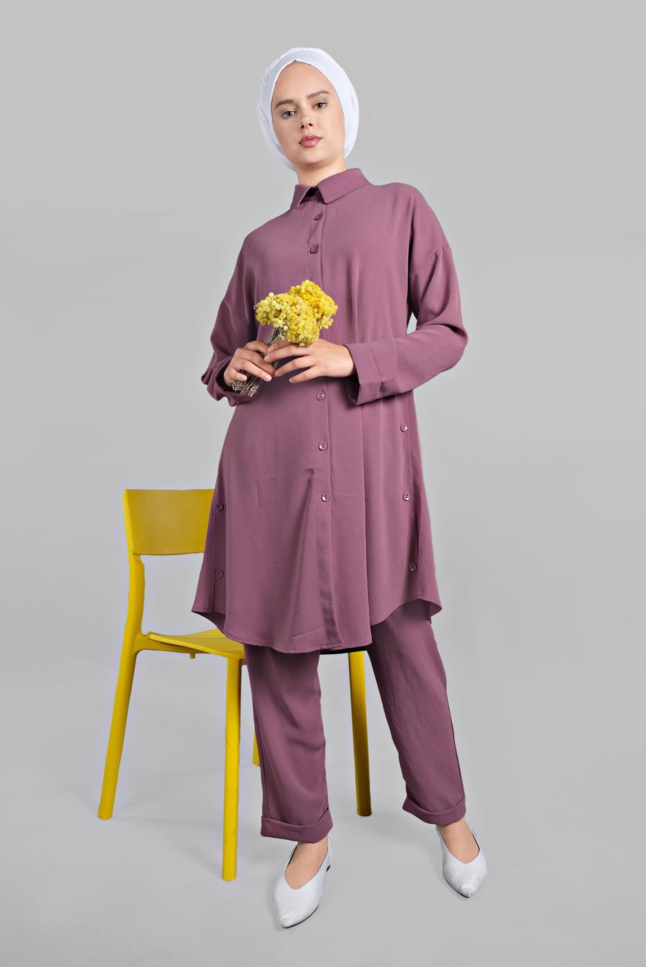 Tesettür giyim PEMBE YANLARI VE ÖNÜ DÜĞME DETAYLI 2&prime;Lİ PANTOLONLU TAKIM 1221