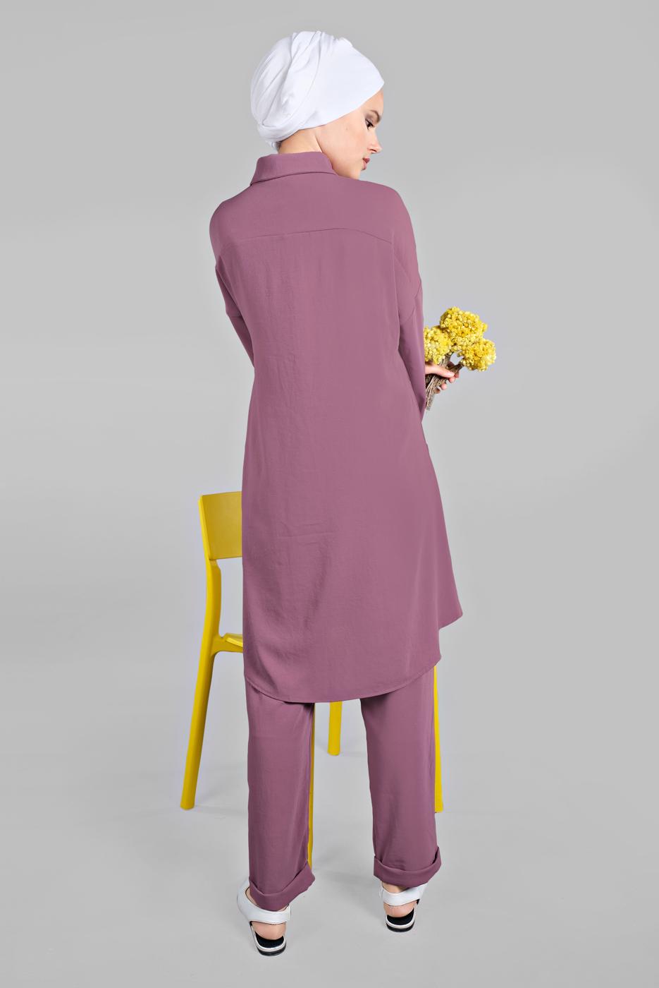 Tesettür giyim PEMBE YANLARI VE ÖNÜ DÜĞME DETAYLI 2&prime;Lİ PANTOLONLU TAKIM 1221