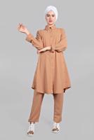 Tesettür giyim KAHVE YANLARI VE ÖNÜ DÜĞME DETAYLI 2&prime;Lİ PANTOLONLU TAKIM 1221
