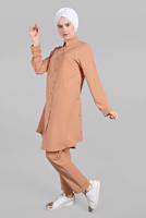 Tesettür giyim KAHVE YANLARI VE ÖNÜ DÜĞME DETAYLI 2&prime;Lİ PANTOLONLU TAKIM 1221