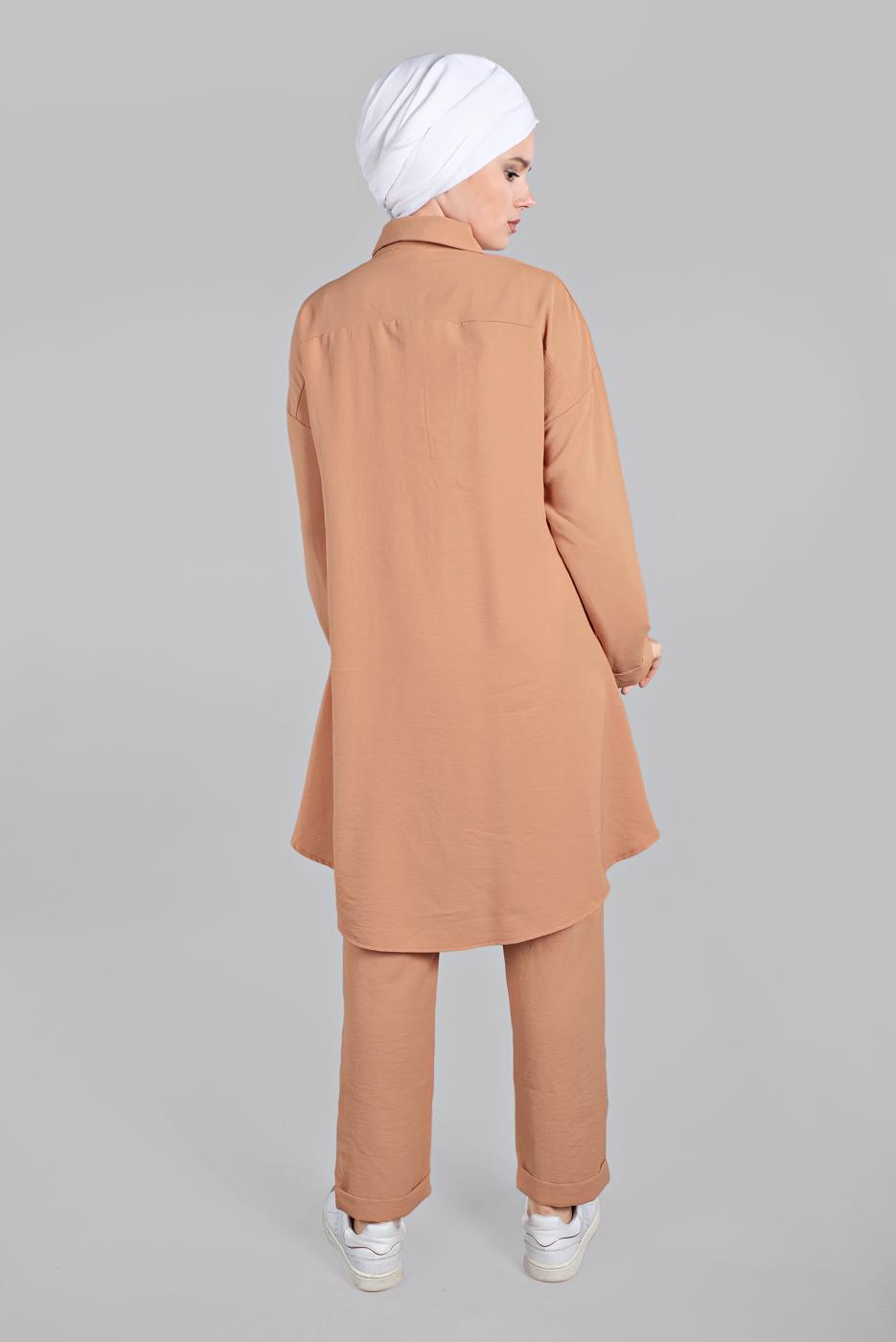 Tesettür giyim KAHVE YANLARI VE ÖNÜ DÜĞME DETAYLI 2&prime;Lİ PANTOLONLU TAKIM 1221