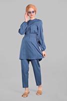 Tesettür giyim LACİVERT KARE DESENLİ BELDEN BAĞCIKLI 2&prime;Lİ PANTOLONLU TAKIM 1825