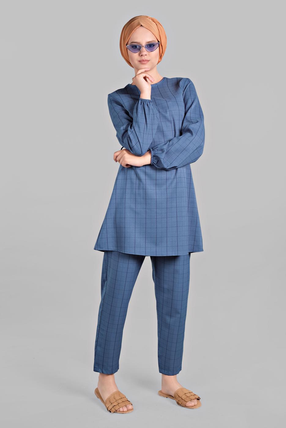 Tesettür giyim LACİVERT KARE DESENLİ BELDEN BAĞCIKLI 2&prime;Lİ PANTOLONLU TAKIM 1825