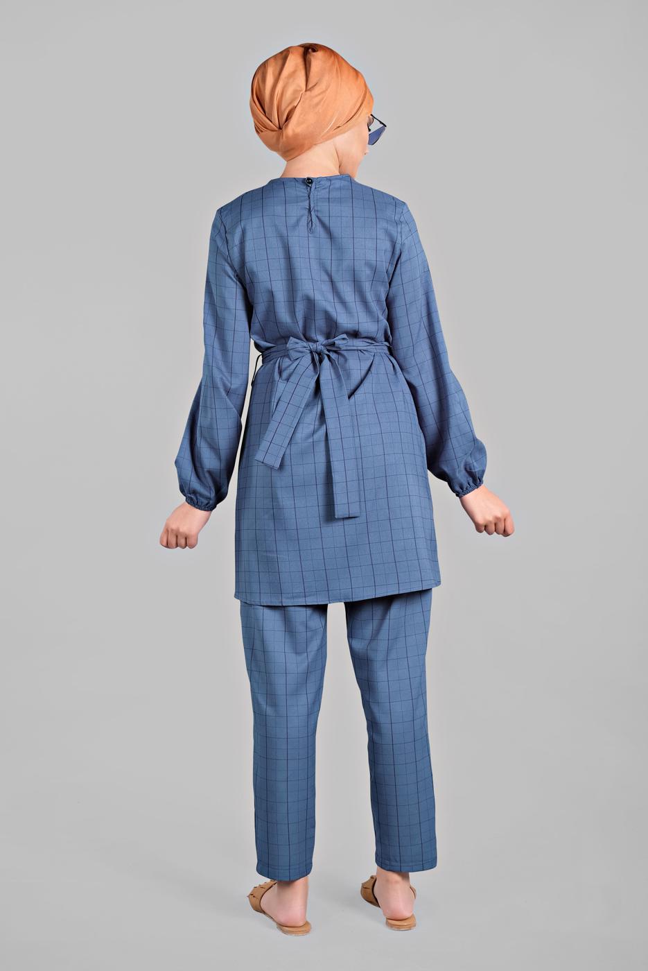 Tesettür giyim LACİVERT KARE DESENLİ BELDEN BAĞCIKLI 2&prime;Lİ PANTOLONLU TAKIM 1825