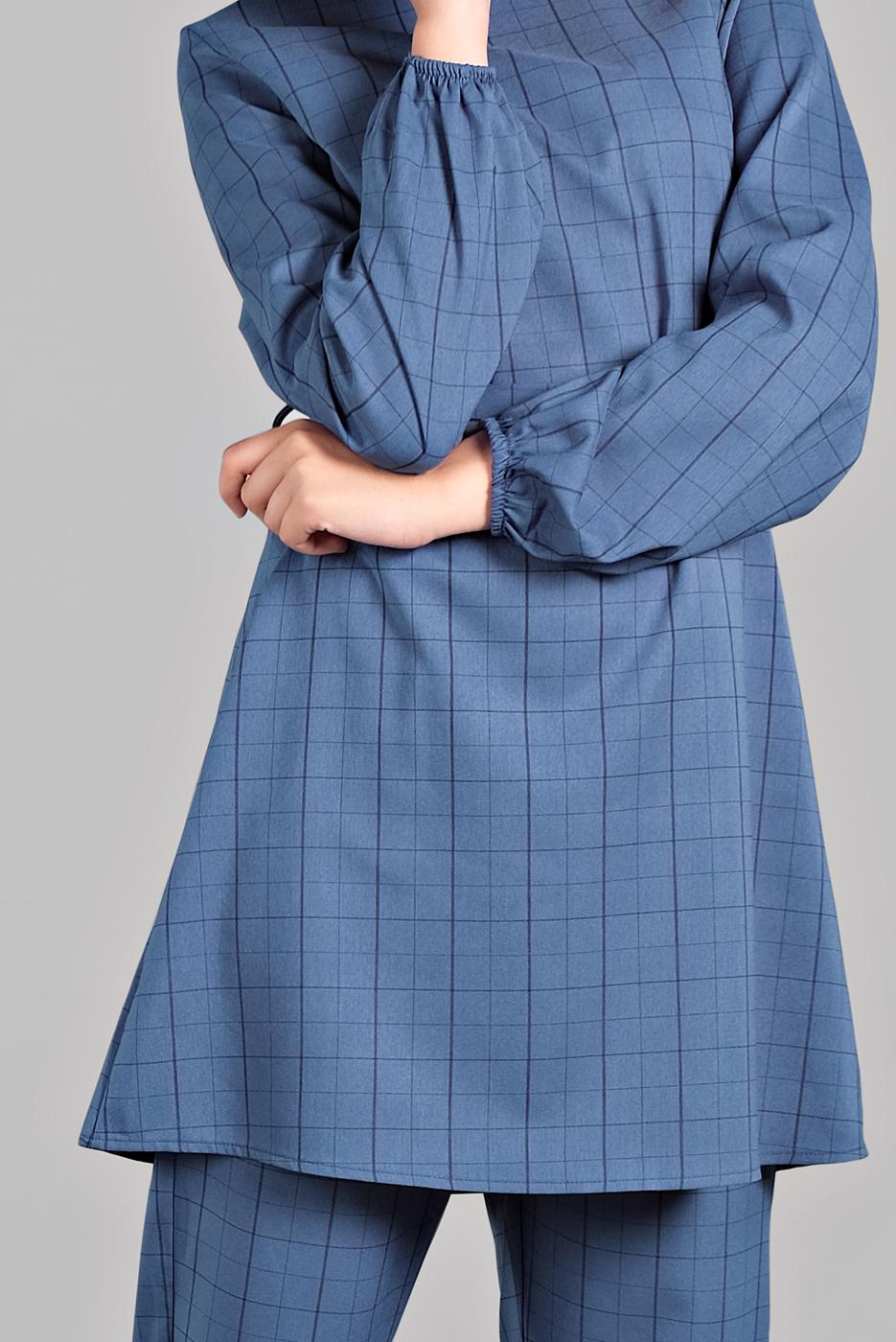 Tesettür giyim LACİVERT KARE DESENLİ BELDEN BAĞCIKLI 2&prime;Lİ PANTOLONLU TAKIM 1825