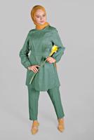 Tesettür giyim YEŞİL KARE DESENLİ BELDEN BAĞCIKLI 2&prime;Lİ PANTOLONLU TAKIM 1825