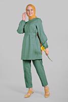 Tesettür giyim YEŞİL KARE DESENLİ BELDEN BAĞCIKLI 2&prime;Lİ PANTOLONLU TAKIM 1825