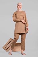 Tesettür giyim PEMBE KARE DESENLİ BELDEN BAĞCIKLI 2&prime;Lİ PANTOLONLU TAKIM 1825