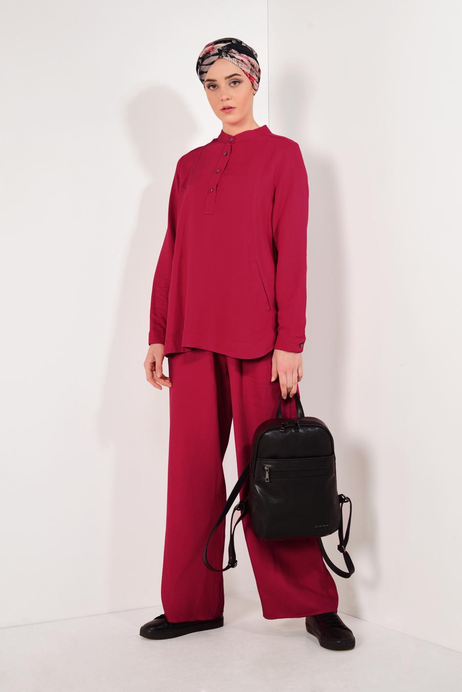 Tesettür giyim KIRMIZI HAKİM YAKA PAMUKLU PANTOLONLU TAKIM T 2526