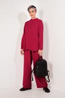 Tesettür giyim KIRMIZI HAKİM YAKA PAMUKLU PANTOLONLU TAKIM T 2526
