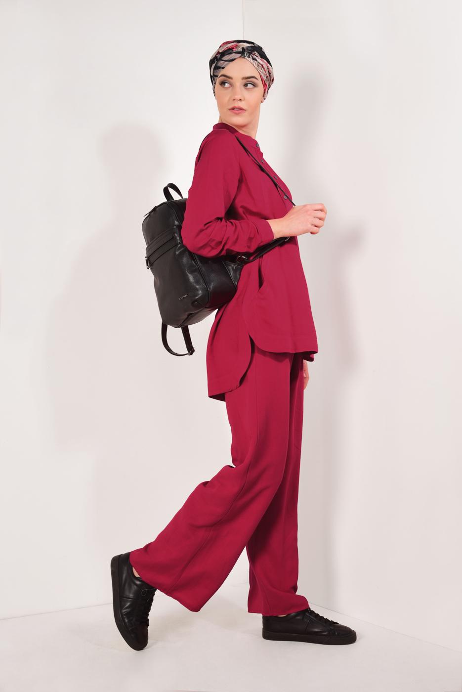 Tesettür giyim KIRMIZI HAKİM YAKA PAMUKLU PANTOLONLU TAKIM T 2526