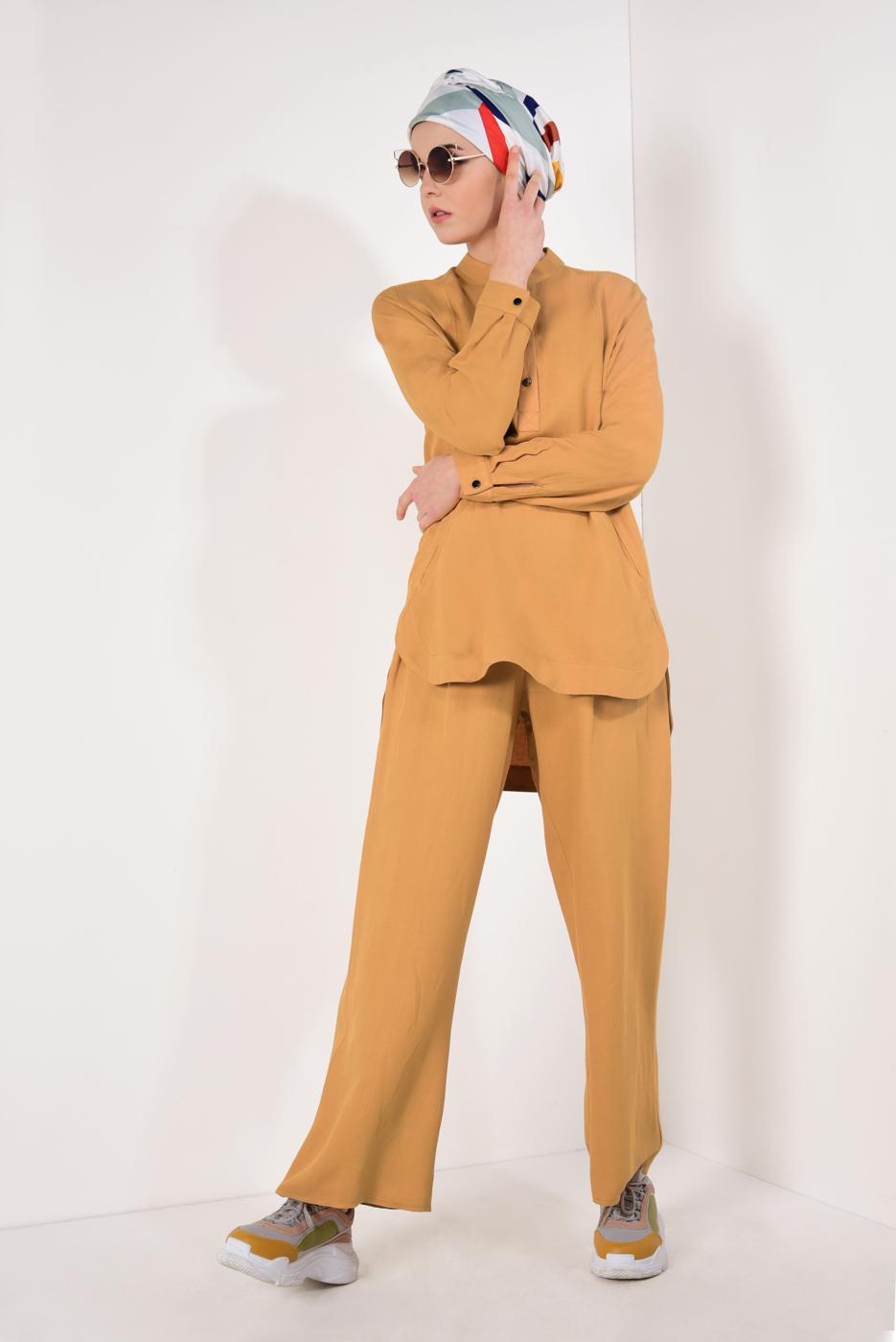 Tesettür giyim TURUNCU HAKİM YAKA PAMUKLU PANTOLONLU TAKIM T 2526