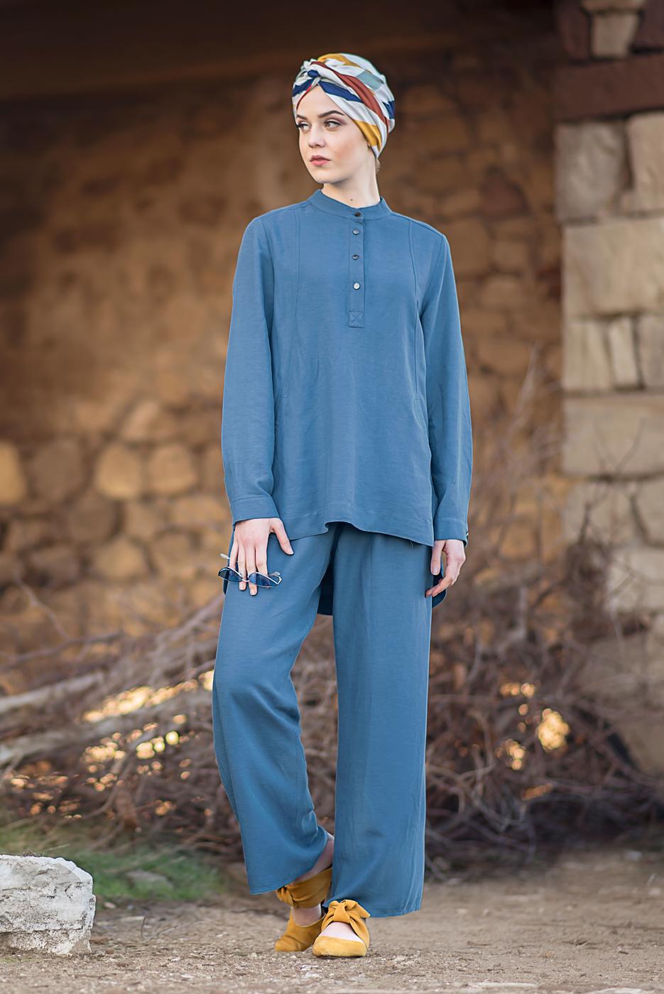 Tesettür giyim LACİVERT HAKİM YAKA PAMUKLU PANTOLONLU TAKIM T 2526