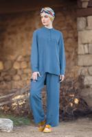 Tesettür giyim LACİVERT HAKİM YAKA PAMUKLU PANTOLONLU TAKIM T 2526